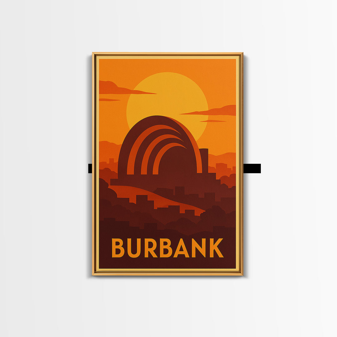 Burbank Travel Poster, Canvas Print, Warm Sunset Silhouette Art, Burbank Wall Art, Mid Century Wall Art, Vintage Travel Print, Design 2