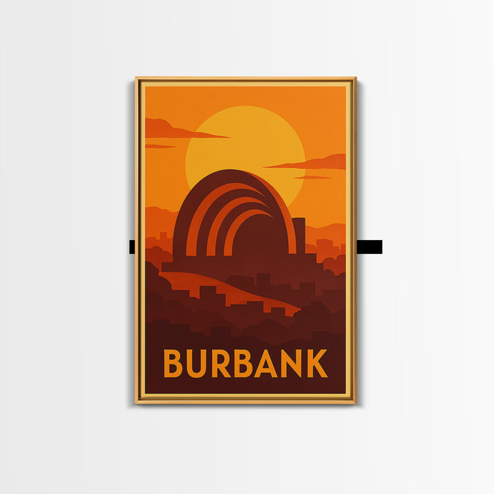 Burbank Travel Poster, Canvas Print, Warm Sunset Silhouette Art, Burbank Wall Art, Mid Century Wall Art, Vintage Travel Print, Design 2