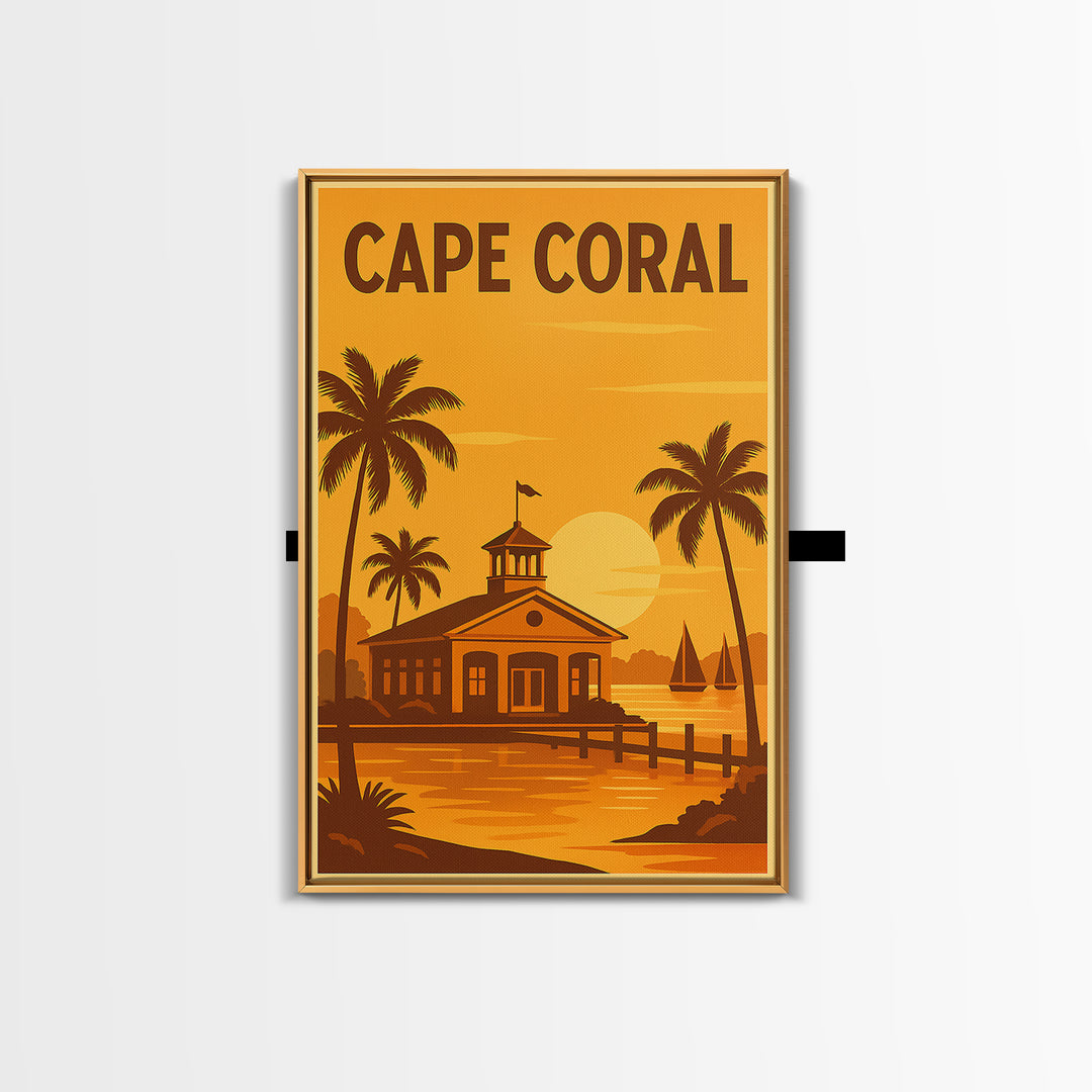 Cape Coral Florida Travel Poster, Framed Canvas Print, Golden Travel Poster Art, Cape Coral City Art, Wanderlust Decor, Eclectic Wall Decor