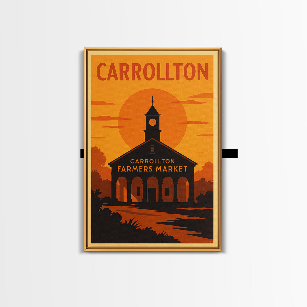 Carrollton Texas Travel Poster, Framed Canvas Print, Golden Travel Poster Art, Carrollton City Art, Home Office Decor, Retro Travel Print