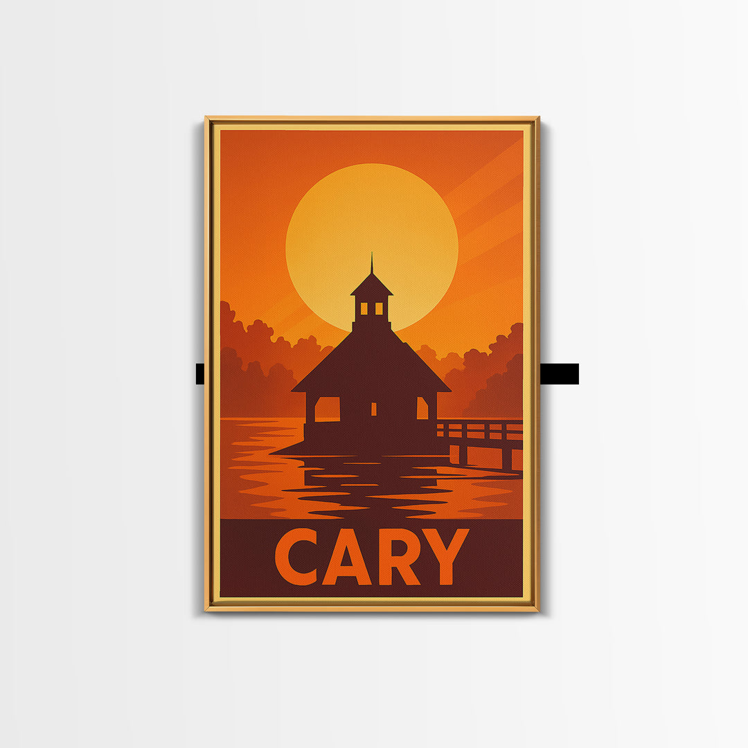 Cary Travel Poster, Framed Canvas Print, Golden Travel Poster Art, Cary City Art, City Travel Prints, Retro Travel Print, City Art Print