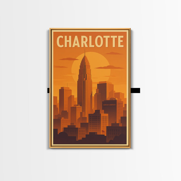 Charlotte North Carolina Travel Poster, Canvas Print, Gold Art Deco Poster Art, Charlotte Travel Art, Eclectic Wall Decor, Travel Wall Art
