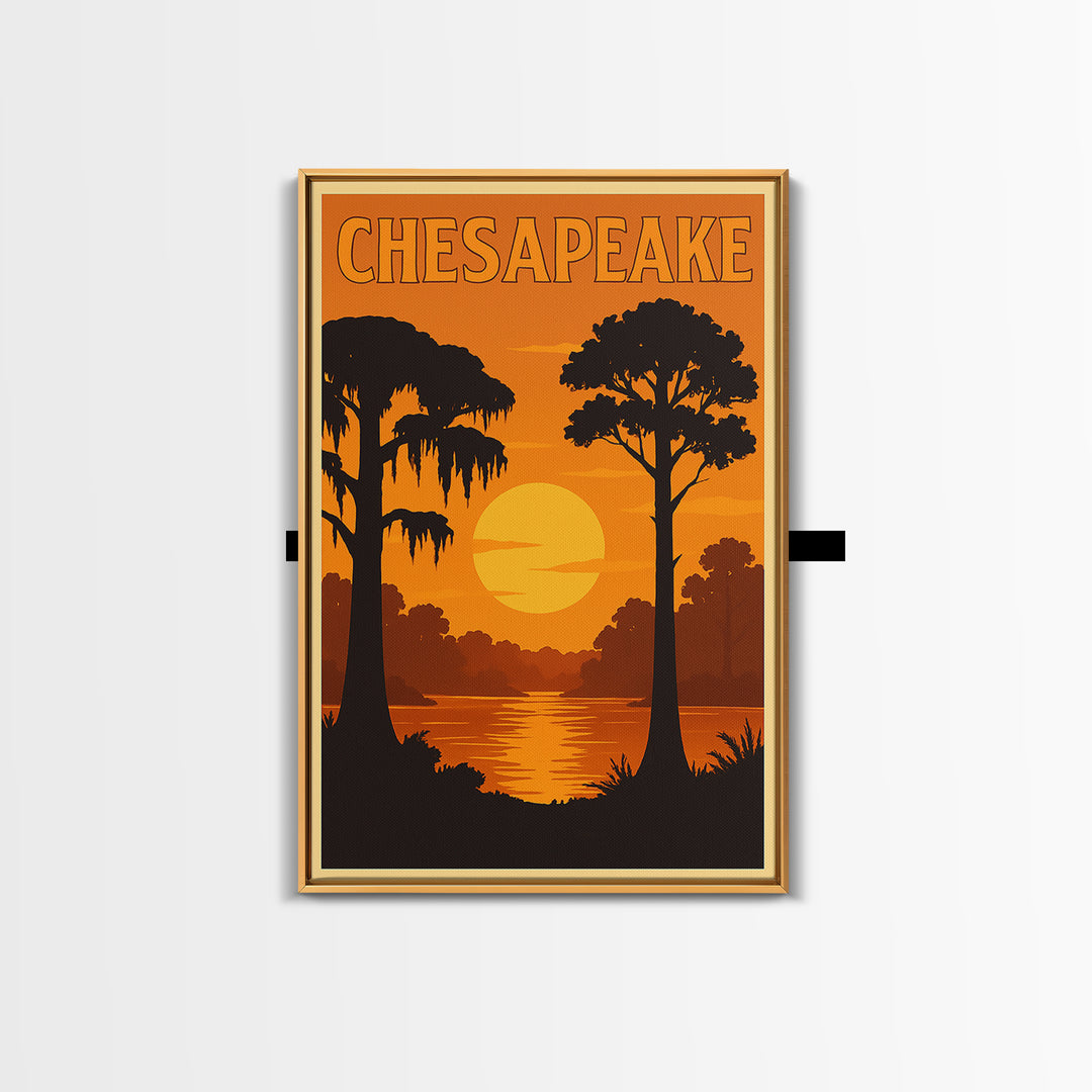 Chesapeake Virginia Travel Poster, Canvas Print, Warm Sunset Silhouette Art, Chesapeake Wall Art, City Travel Prints, Vintage City Poster