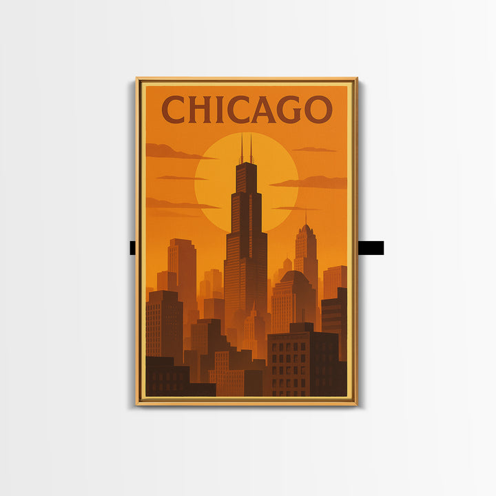 Chicago Illinois Travel Poster, Canvas Print, Warm Sunset Silhouette Art, Chicago Poster Print, Travel Print, Travel Wall Art, Home Decor