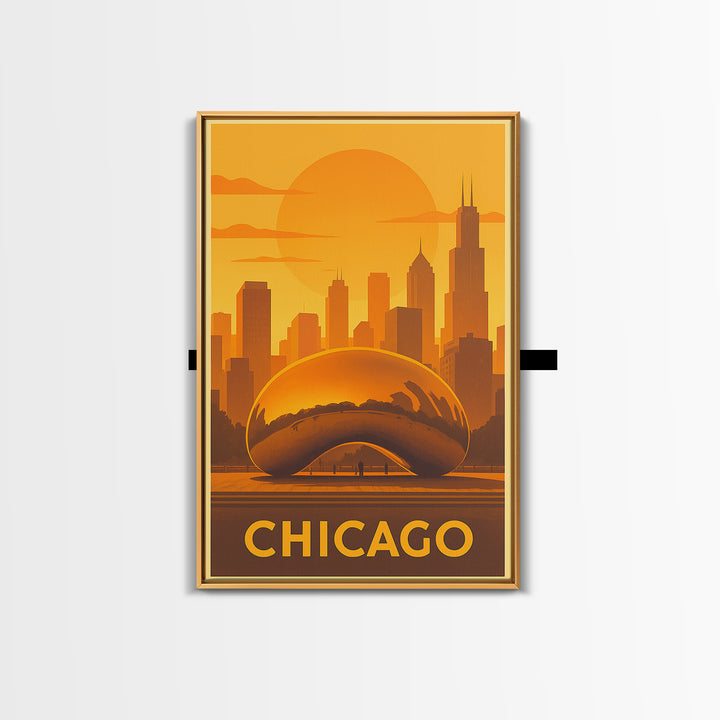 Chicago Travel Poster, Framed Canvas Print, Warm Sunset Silhouette Art, Chicago Poster Print, Modern Wall Decor, Travel Wall Decor