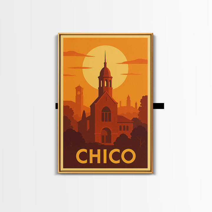 Chico Travel Poster, Framed Canvas Print, Vintage Deco Wall Art, Chico Poster Print, Gift For Travelers, City Illustration, Retro Poster