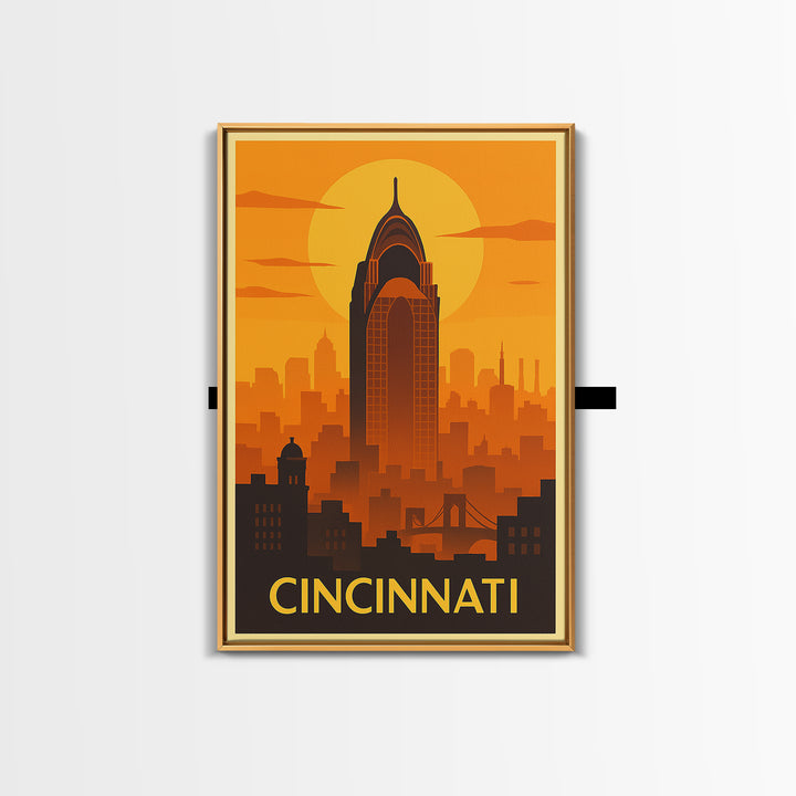 Cincinnati Travel Poster, Framed Canvas Print, Warm Sunset Silhouette Art, Cincinnati Art Print, Retro Travel Print, Gift For Travelers