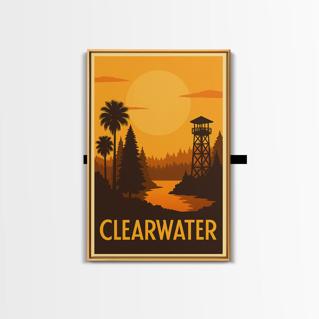 Clearwater Travel Poster, Framed Canvas Print, Golden Travel Poster Art, Clearwater City Art, City Travel Prints, Travel Poster Art