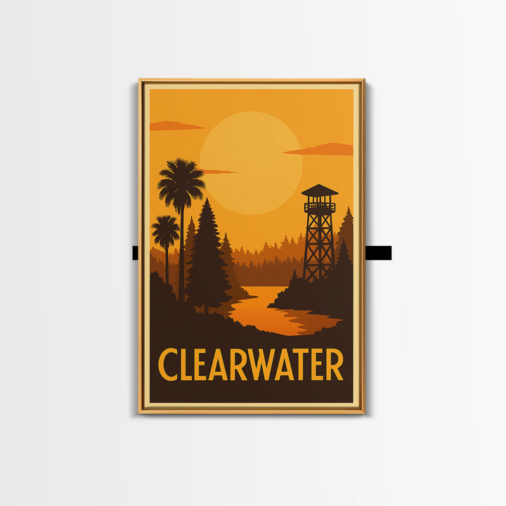 Clearwater Travel Poster, Framed Canvas Print, Golden Travel Poster Art, Clearwater City Art, City Travel Prints, Travel Poster Art