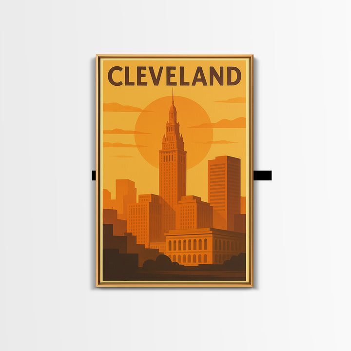 Cleveland Ohio Travel Poster, Framed Canvas Print, Golden Travel Poster Art, Cleveland Travel Art, Modern Wall Decor, Travel Poster Art