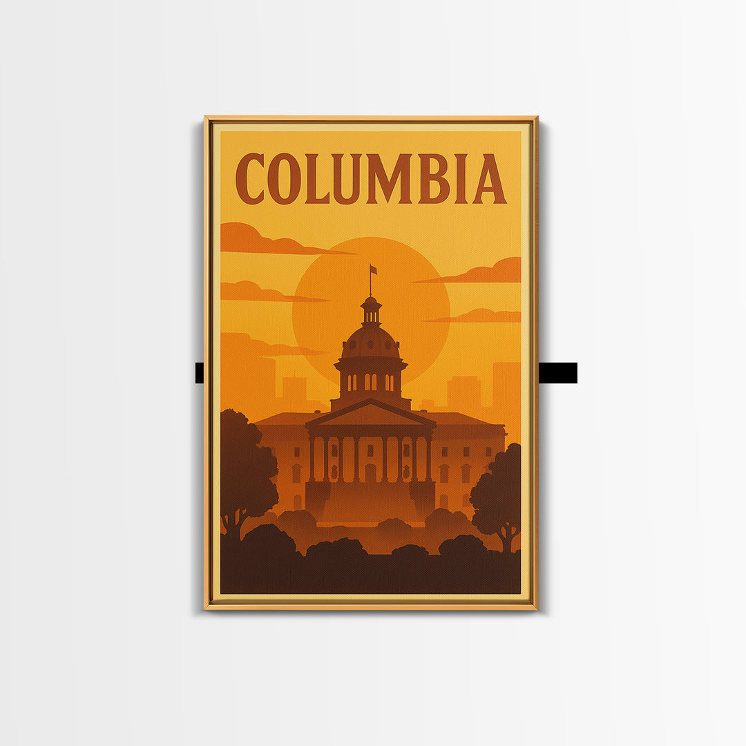 Columbia South Carolina Travel Poster, Canvas Print, Warm Sunset Silhouette Art, Columbia Poster Print, Wall Decor, Watercolor Cityscape