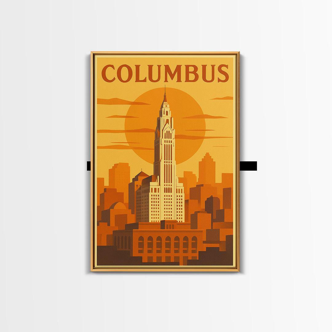 Columbus Travel Poster, Framed Canvas Print, Golden Travel Poster Art, Columbus Travel Art, Wanderlust Decor, City Illustration