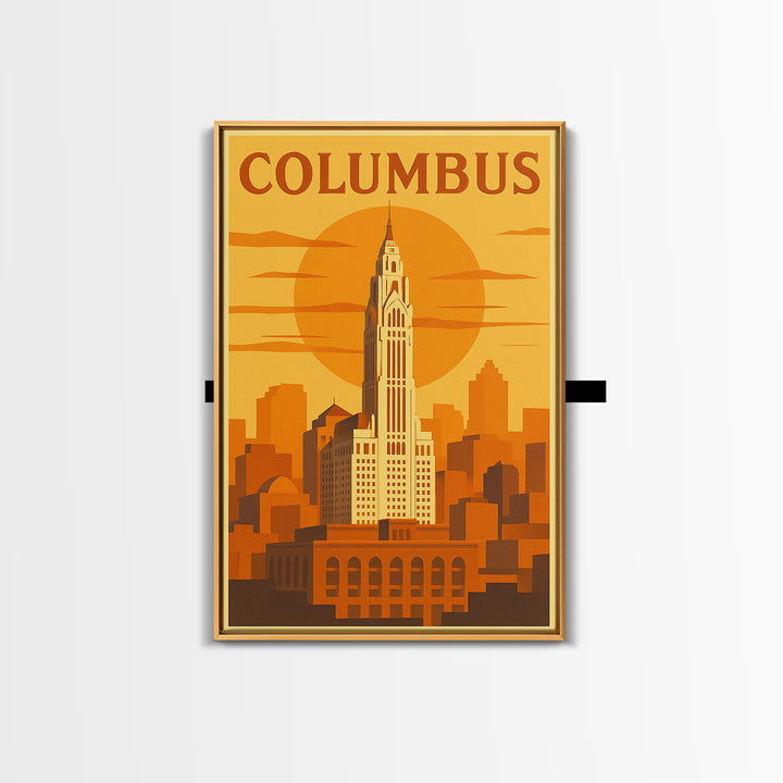 Columbus Travel Poster, Framed Canvas Print, Golden Travel Poster Art, Columbus Travel Art, Wanderlust Decor, City Illustration