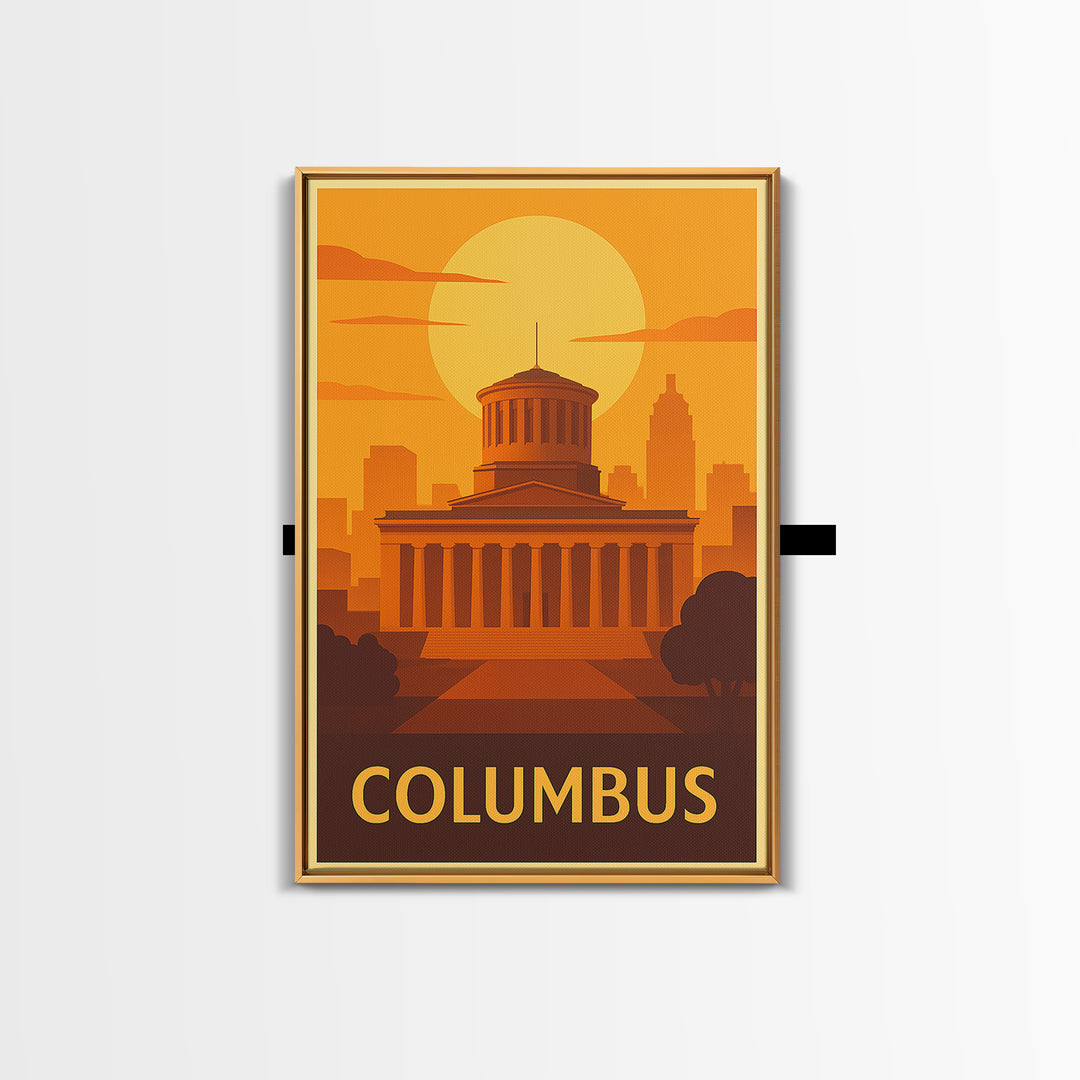 Columbus Travel Poster, Framed Canvas Print, Warm Sunset Silhouette Art, Columbus City Art, Living Room Wall Art, Travel Poster Set