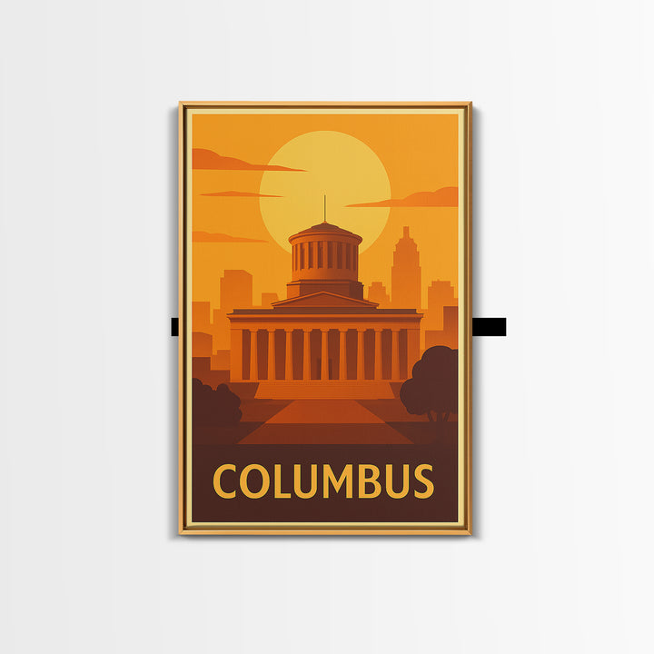 Columbus Travel Poster, Framed Canvas Print, Warm Sunset Silhouette Art, Columbus City Art, Living Room Wall Art, Travel Poster Set