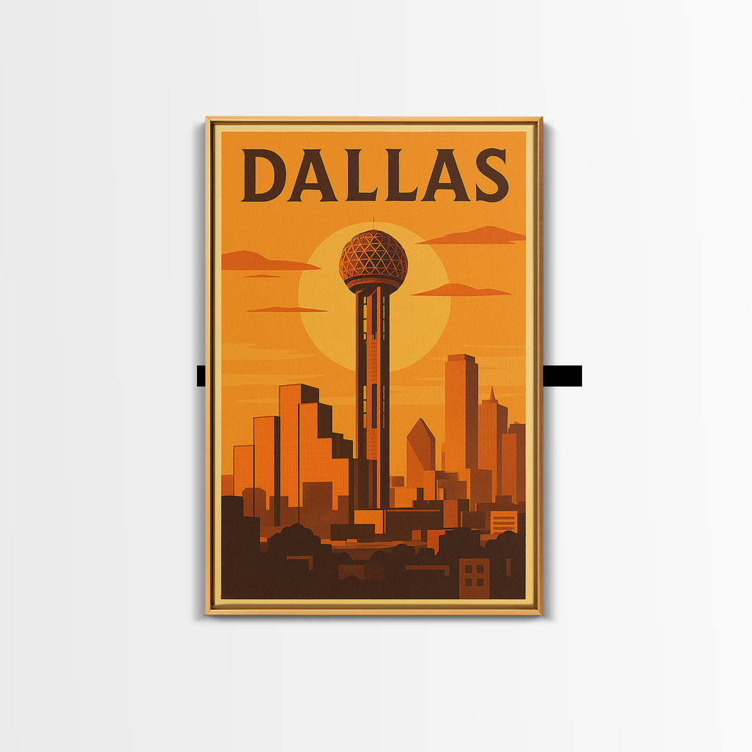 Dallas Texas Travel Poster, Canvas Print, Golden Poster Art, Dallas Wall Art, City Illustration, Mid Century Wall Art, Vintage Travel Art