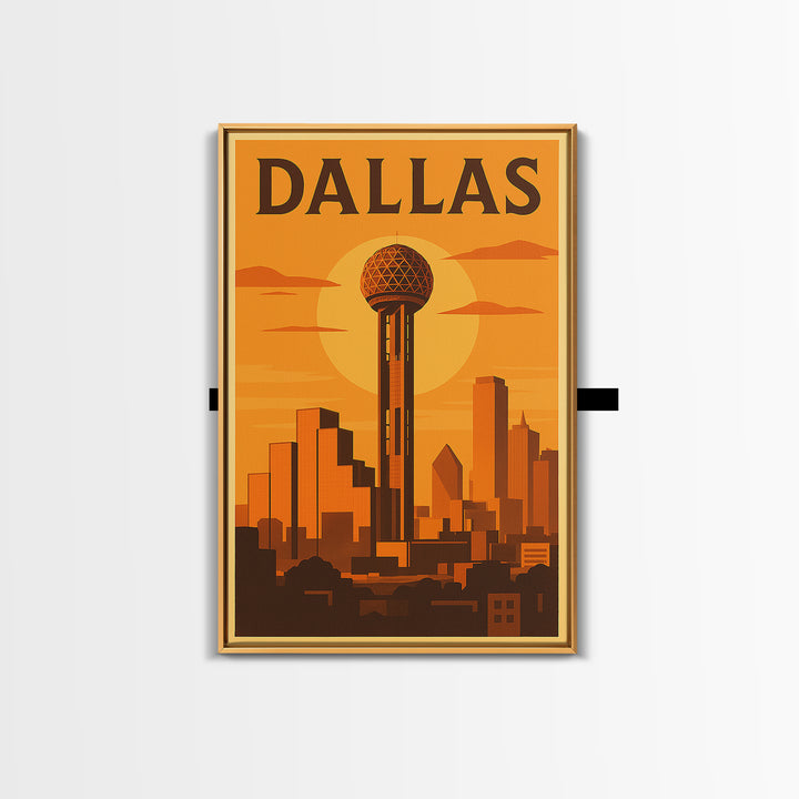 Dallas Texas Travel Poster, Canvas Print, Golden Poster Art, Dallas Wall Art, City Illustration, Mid Century Wall Art, Vintage Travel Art