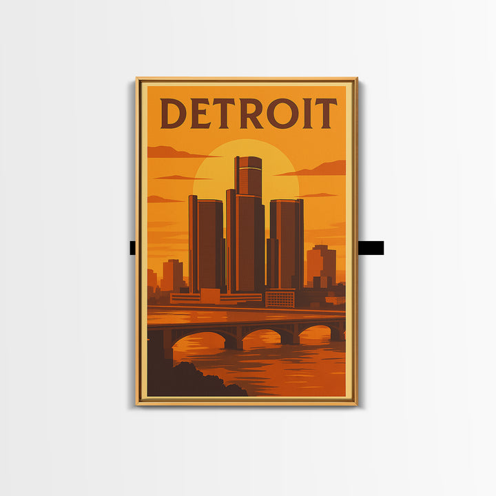 Detroit Michigan Travel Poster, Canvas Print, Warm Sunset Silhouette Art, Detroit Wall Art, City Illustration, Wanderlust Decor, Wall Art