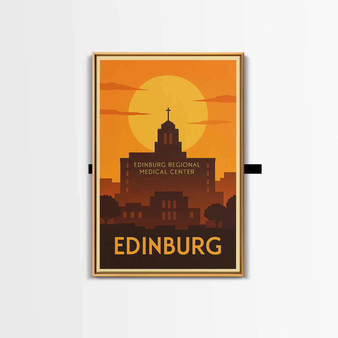 Edinburg Travel Poster, Framed Canvas Print, Golden Travel Poster Art, Edinburg Travel Art, Vintage City Art, City Illustration