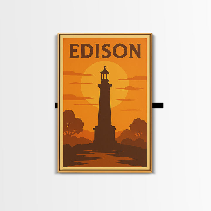 Edison New Jersey Travel Poster, Framed Canvas Print, Warm Sunset Silhouette Art, Edison Art Print, Home Office Decor, Modern Wall Decor