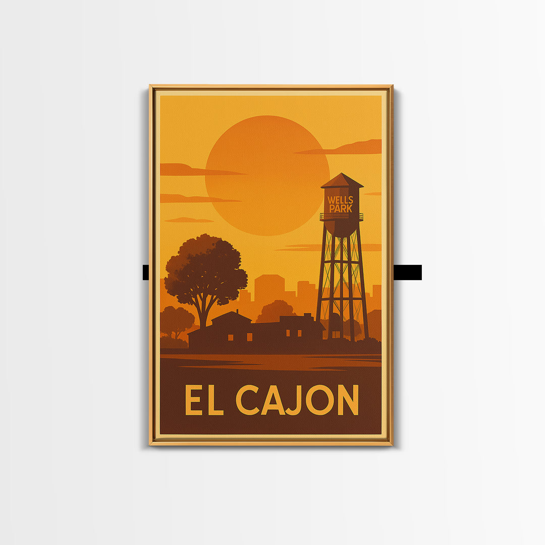 El Cajon Travel Poster, Framed Canvas Print, Golden Travel Poster Art, El Cajon Art Print, Travel Wall Art, City Illustration, Wall Art