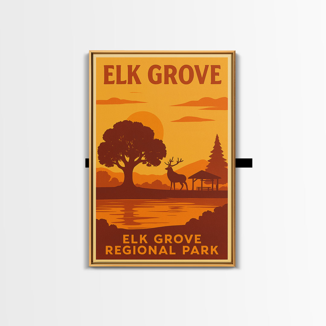 Elk Grove California Travel Poster, Framed Canvas Print, Warm Sunset Silhouette Art, Elk Grove Art Print, City Art Print, City Illustration