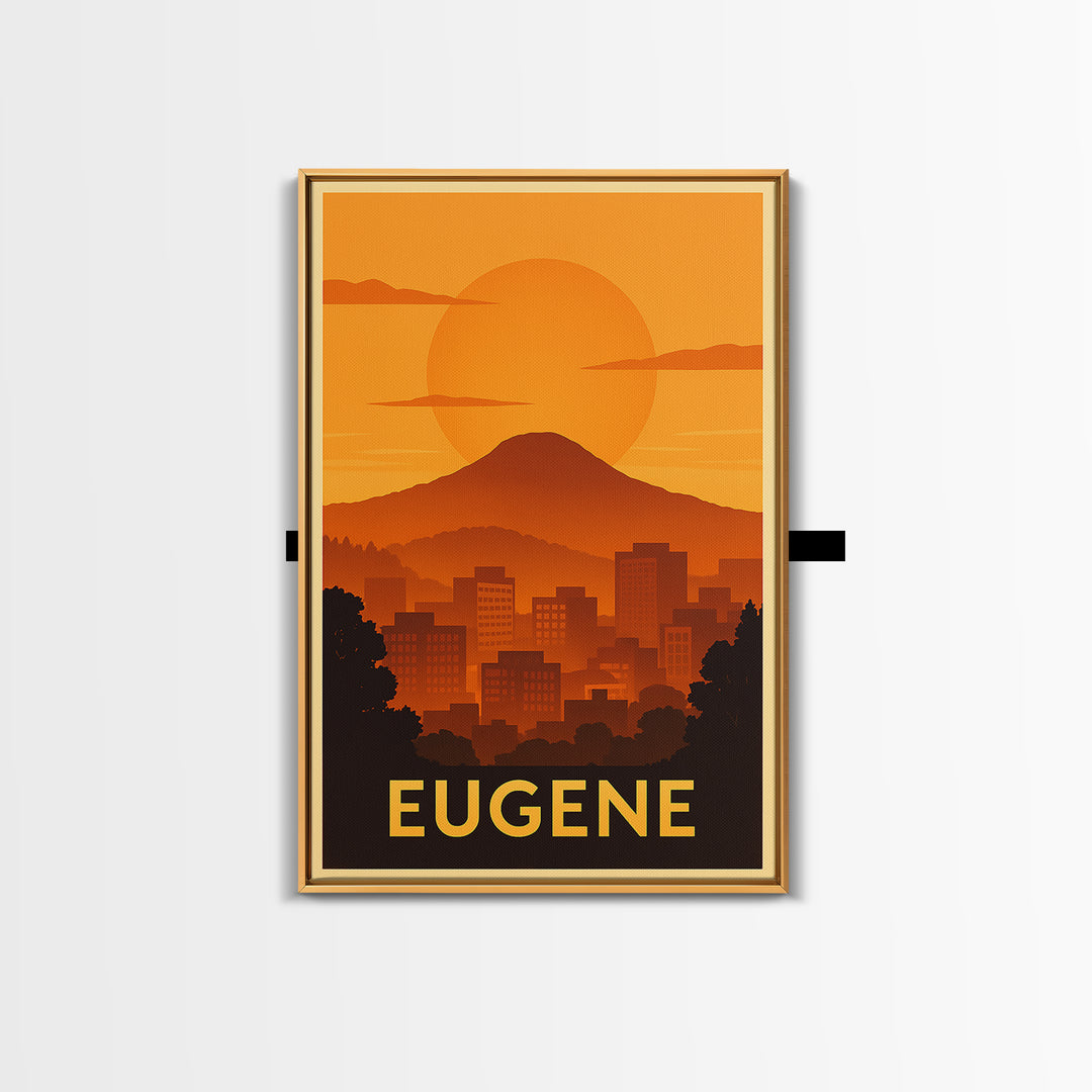Eugene Travel Poster, Canvas Print, Warm Sunset Silhouette Art, Eugene Wall Art, Living Room Wall Art, City Art Print, Vintage City Poster