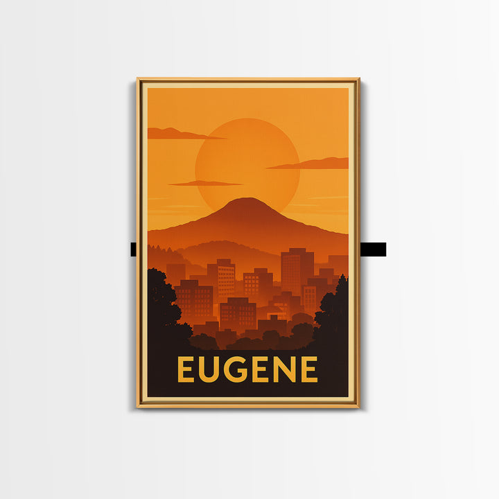Eugene Travel Poster, Canvas Print, Warm Sunset Silhouette Art, Eugene Wall Art, Living Room Wall Art, City Art Print, Vintage City Poster