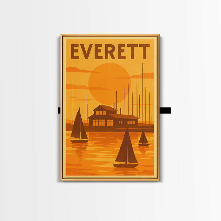 Everett Washington Travel Poster, Canvas Print, Warm Sunset Silhouette Art, Everett Poster Print, Travel Art Print, Vintage City Poster