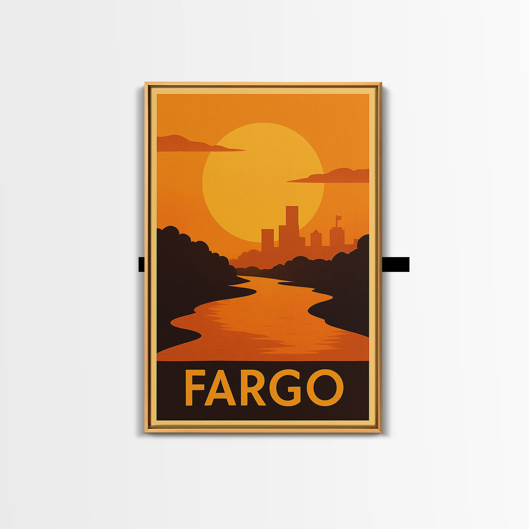 Fargo Travel Poster, Framed Canvas Print, Golden Travel Poster Art, Fargo Travel Art, Mid Century Wall Art, Travel Poster Art, Design 2