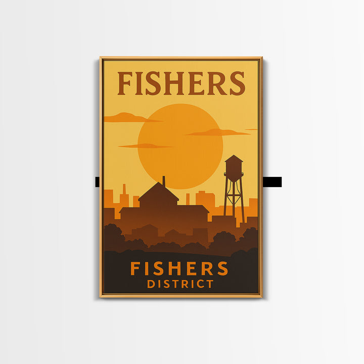 Fishers Indiana Travel Poster, Canvas Print, Gold Art Deco Poster Art, Fishers Wall Art, Travel Poster Set, Watercolor Downtown Skyline