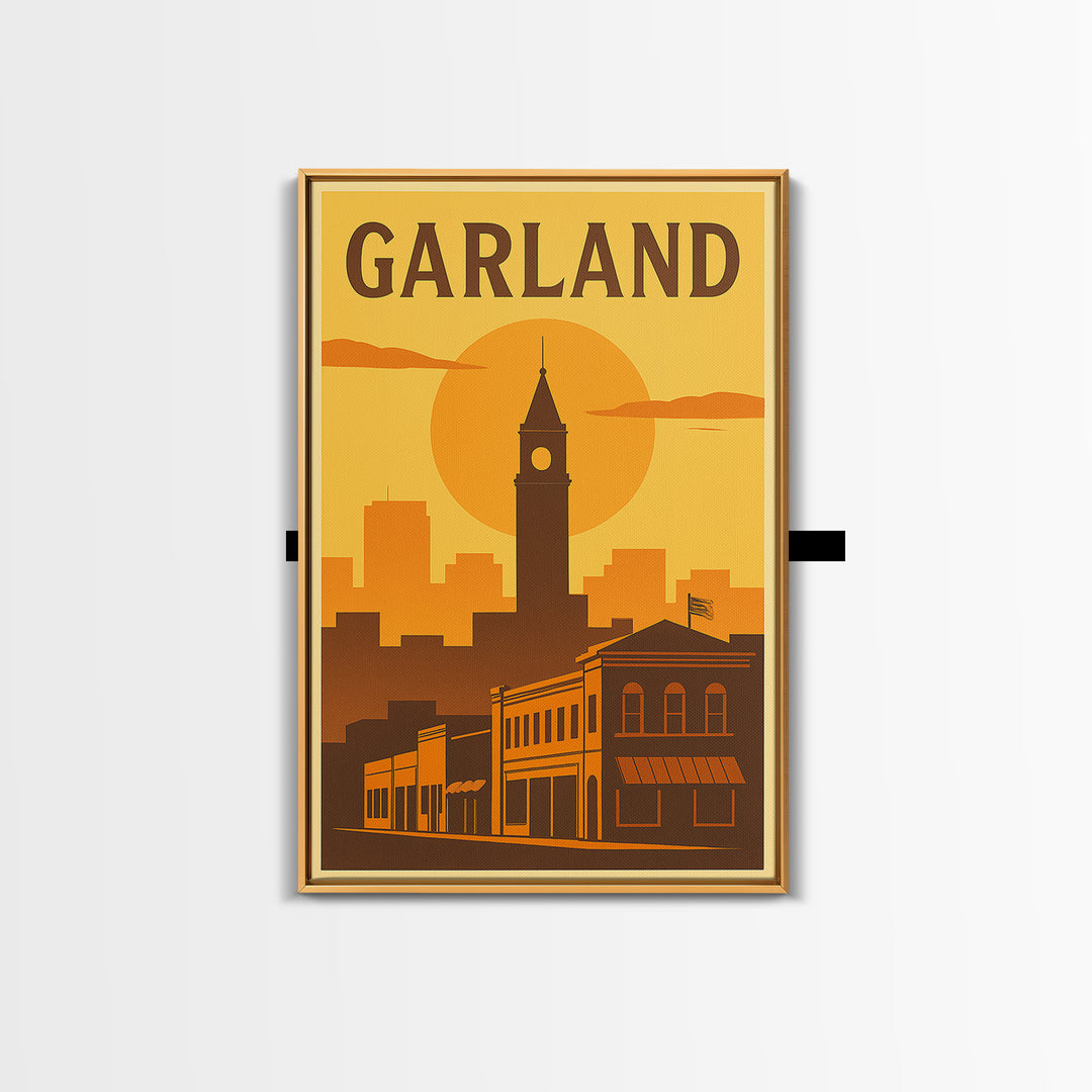 Garland Texas Travel Poster, Framed Canvas Print, Golden Travel Poster Art, Garland Art Print, Eclectic Wall Decor, Gift For Travelers