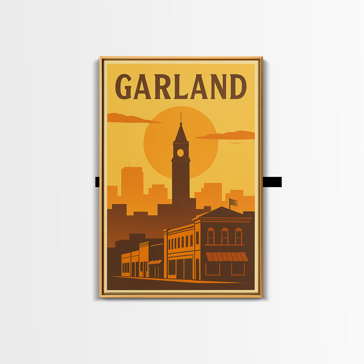 Garland Texas Travel Poster, Framed Canvas Print, Golden Travel Poster Art, Garland Art Print, Eclectic Wall Decor, Gift For Travelers