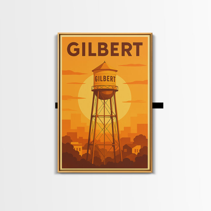 Gilbert Arizona Travel Poster, Canvas Print, Gold Art Deco Poster Art, Gilbert Art Print, Watercolor Skyline, Travel Wall Art, Art Print