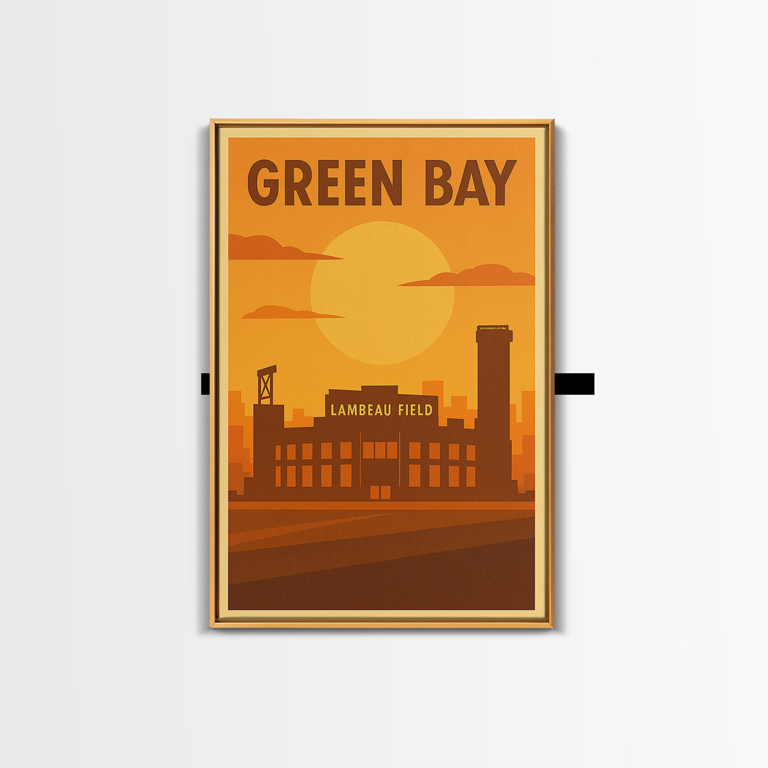 Green Bay Wisconsin Travel Poster, Framed Canvas Print, Vintage Deco Wall Art, Green Bay Wall Art, Gift For Travelers, City Illustration