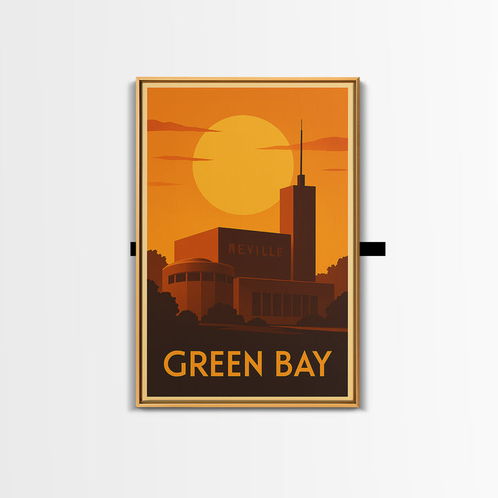 Green Bay Travel Poster, Canvas Print, Warm Sunset Silhouette Art, Green Bay Travel Art, Retro Travel Print, City Illustration