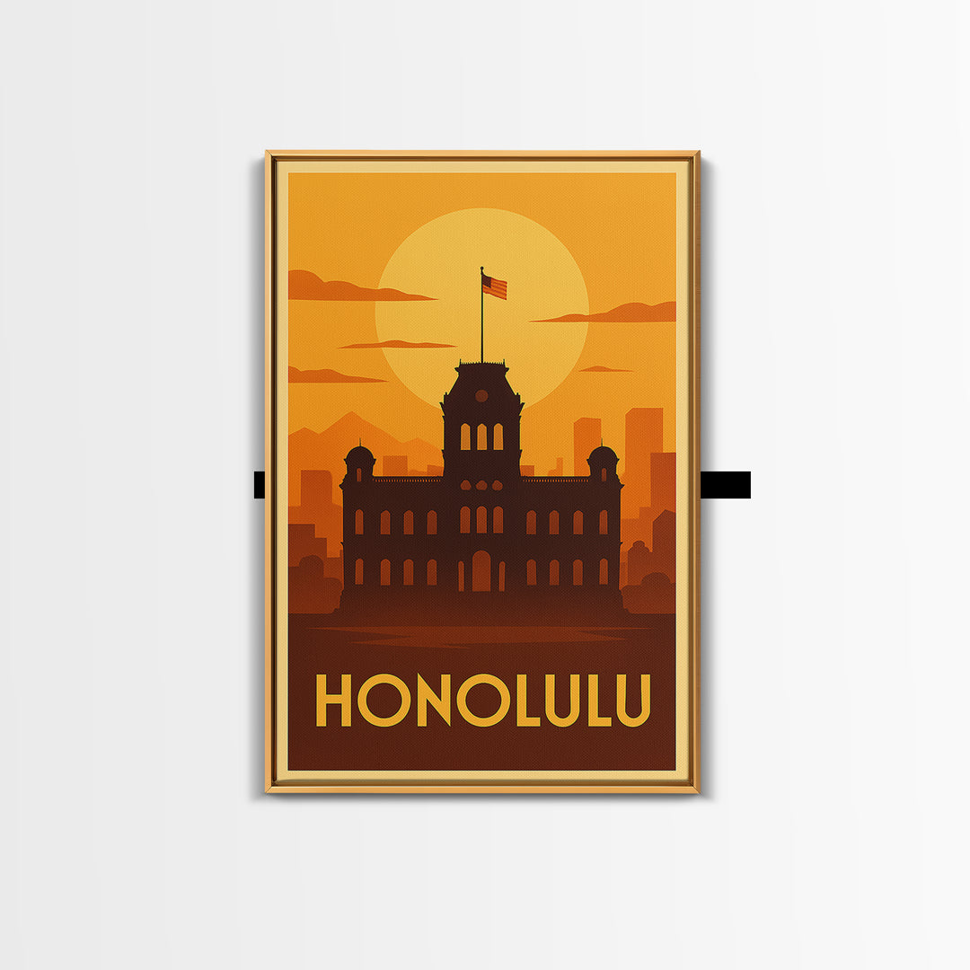 Honolulu Travel Poster, Canvas Print, Golden Travel Poster Art, Honolulu Wall Art, Modern Wall Decor, Travel Wall Art, Gift For Travelers