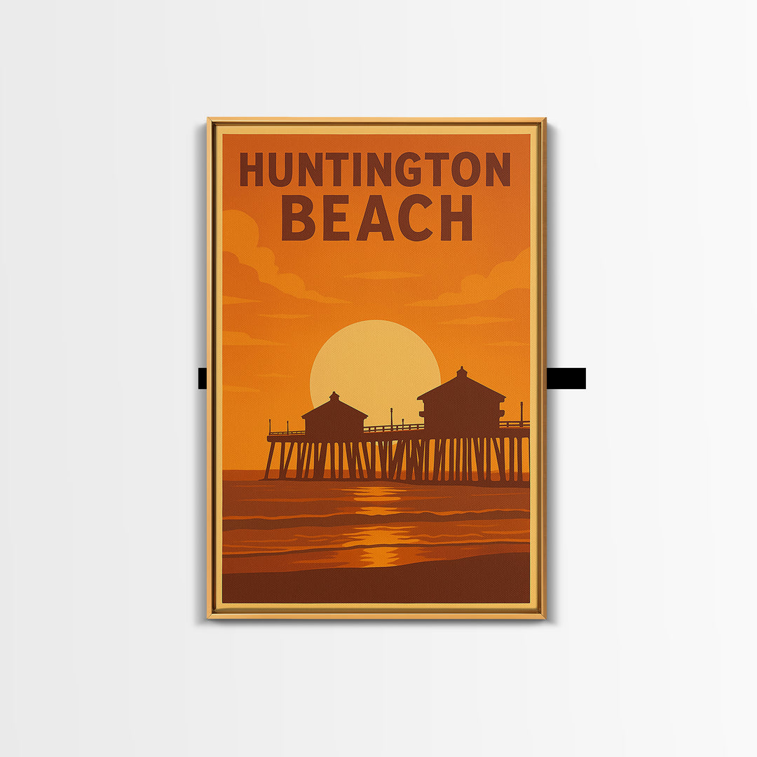 Huntington Beach California Travel Poster, Framed Canvas Print, Warm Sunset Silhouette Art, Huntington Beach Poster Print, City Illustration