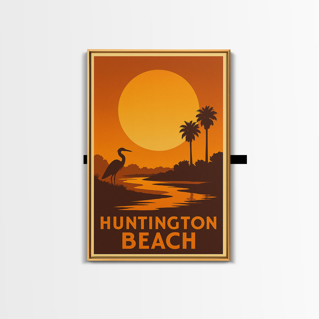 Huntington Beach Travel Poster, Framed Canvas Print, Golden Travel Poster Art, Huntington Beach Travel Art, Travel Poster Art, Design 2