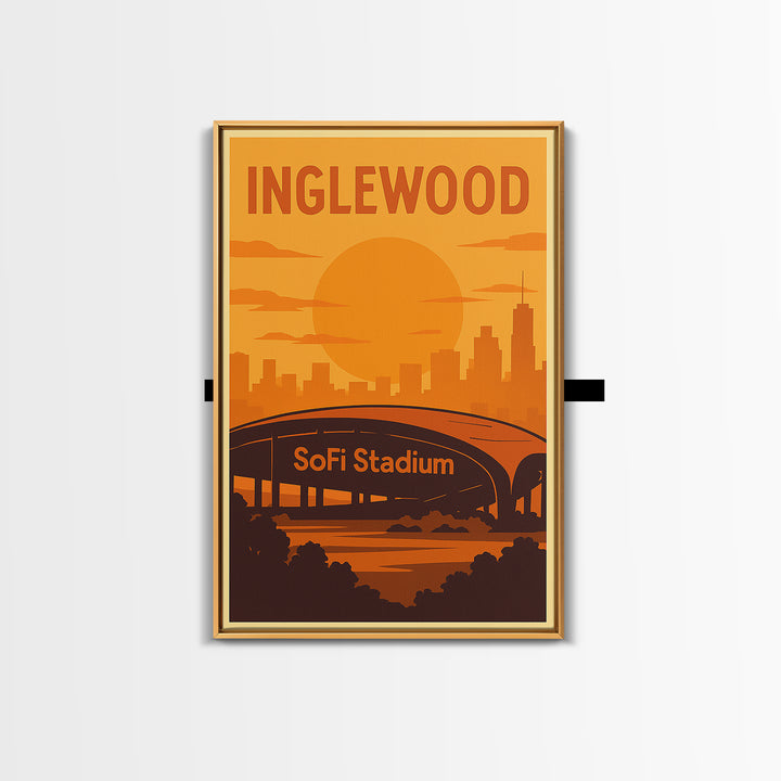 Inglewood California Travel Poster, Canvas Print, Gold Art Deco Poster Art, Inglewood City Art, Watercolor City Skyline, Travel Art Print