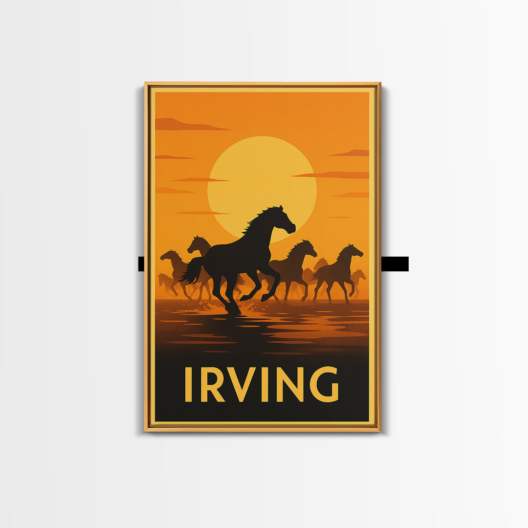 Irving Travel Poster, Framed Canvas Print, Warm Sunset Silhouette Art, Irving City Art, Living Room Wall Art, Wanderlust Decor