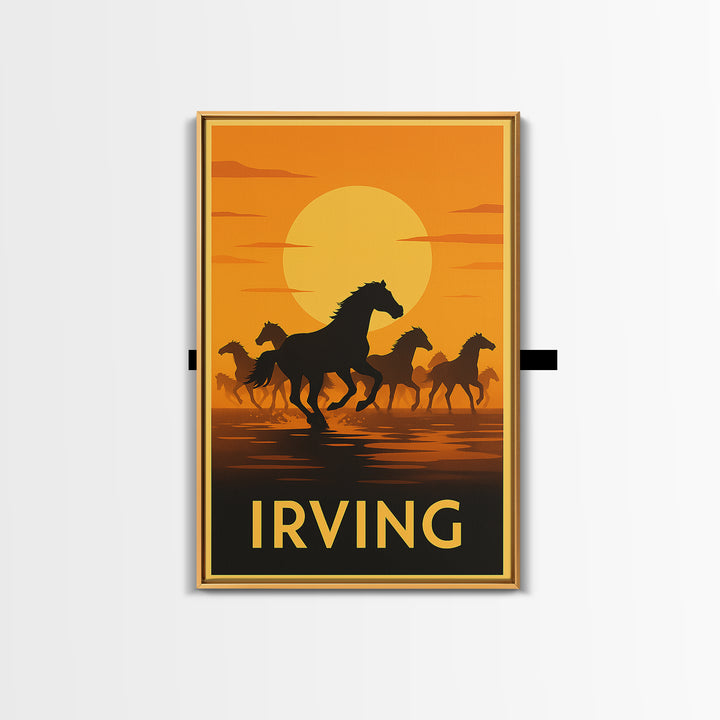 Irving Travel Poster, Framed Canvas Print, Warm Sunset Silhouette Art, Irving City Art, Living Room Wall Art, Wanderlust Decor