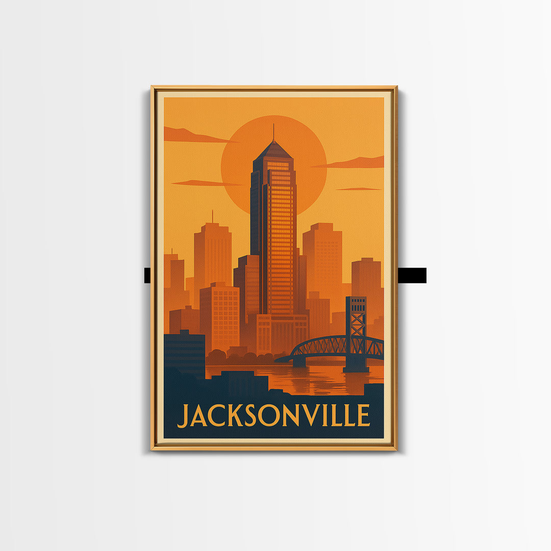 Jacksonville Travel Poster, Framed Canvas Print, Gold Art Deco Poster Art, Jacksonville City Art, City Art Print, Modern Wall Decor
