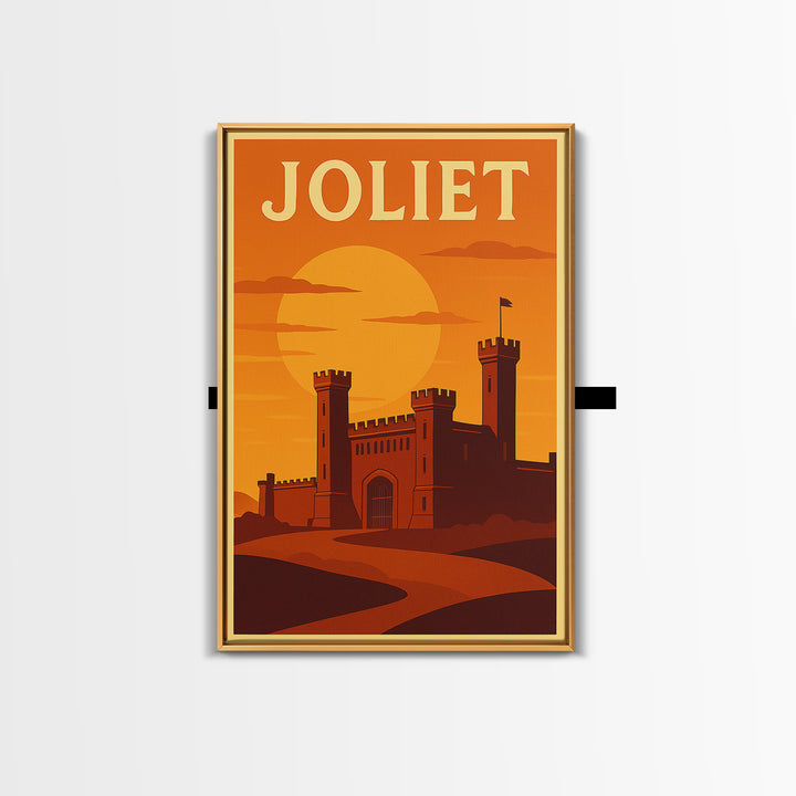 Joliet Illinois Travel Poster, Framed Canvas Print, Gold Art Deco Poster Art, Joliet Travel Art, Mid Century Wall Art, Retro Travel Print