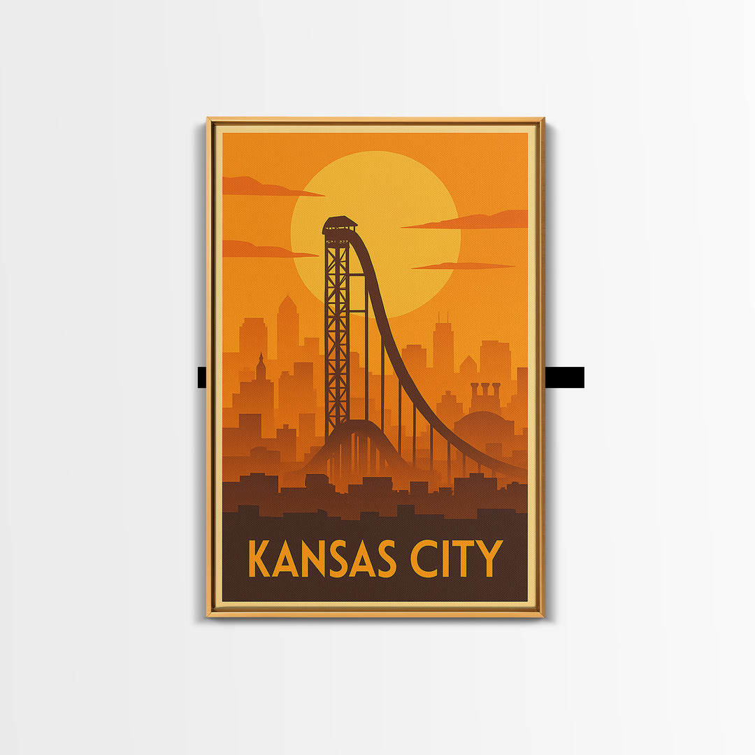 Kansas City Travel Poster, Framed Canvas Print, Gold Art Deco Poster Art, Kansas City Travel Art, Watercolor Urban Skyline, Travel Art Print