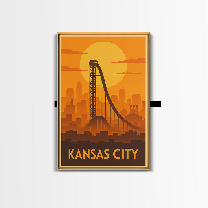 Kansas City Travel Poster, Framed Canvas Print, Gold Art Deco Poster Art, Kansas City Travel Art, Watercolor Urban Skyline, Travel Art Print