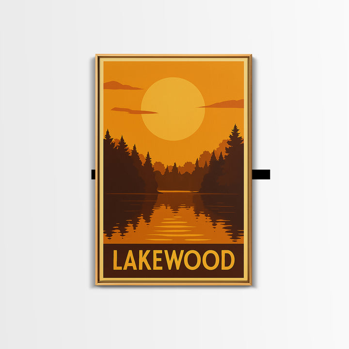 Lakewood Travel Poster, Framed Canvas Print, Golden Travel Poster Art, Lakewood City Art, Living Room Wall Art, City Illustration