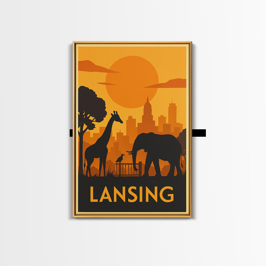 Lansing Travel Poster, Framed Canvas Print, Golden Travel Poster Art, Lansing City Art, Wanderlust Decor, Living Room Wall Art
