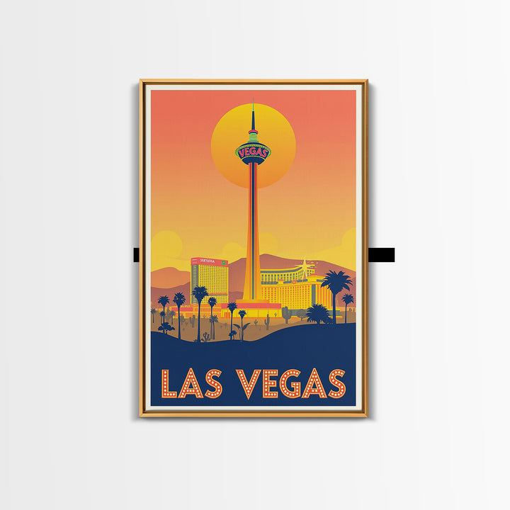 Las Vegas Travel Poster, Framed Canvas Print, Golden Travel Poster Art, Las Vegas City Art, Retro Travel Print, Gift For Travelers