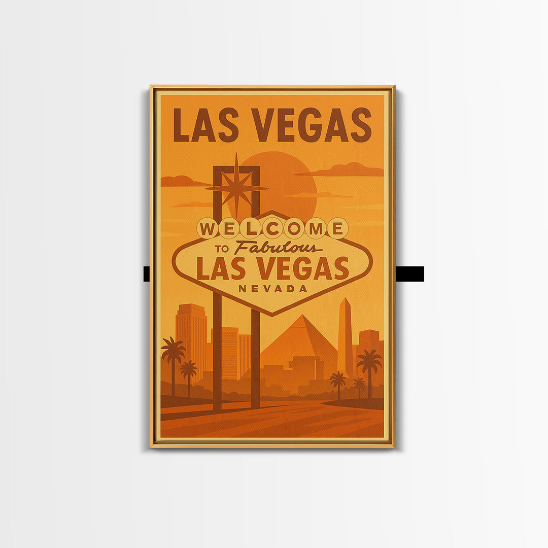 Las Vegas Travel Poster, Framed Canvas Print, Golden Travel Poster Art, Las Vegas Art Print, Modern Wall Decor, Mid Century Wall Art